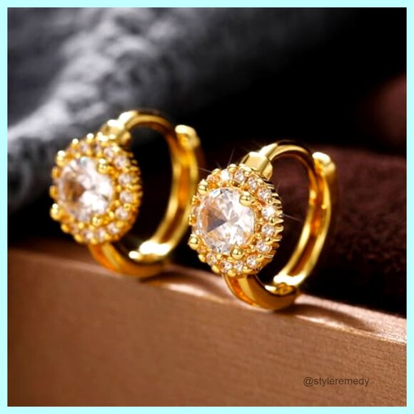 14K Gold Plated Cubic Zirconia Huggie Hoop Earrings, Dainty Halo Design - Picture 6 of 7